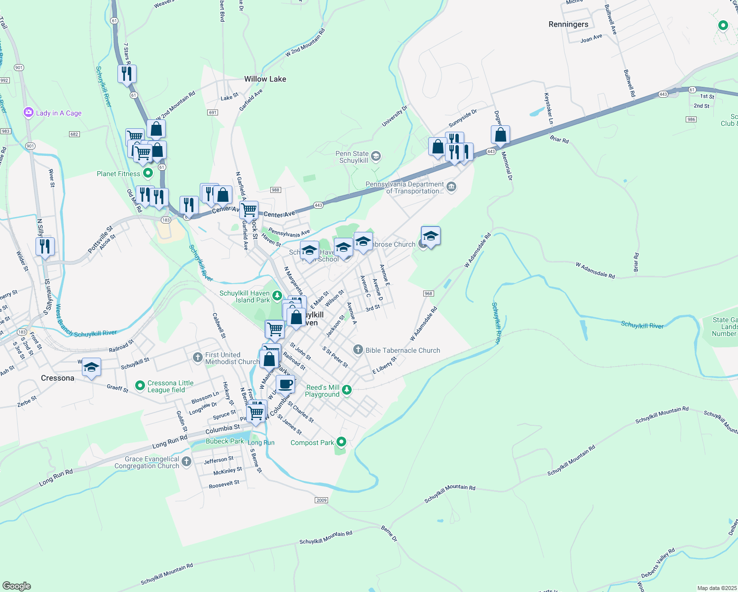map of restaurants, bars, coffee shops, grocery stores, and more near 109 Ave C in Schuylkill Haven
