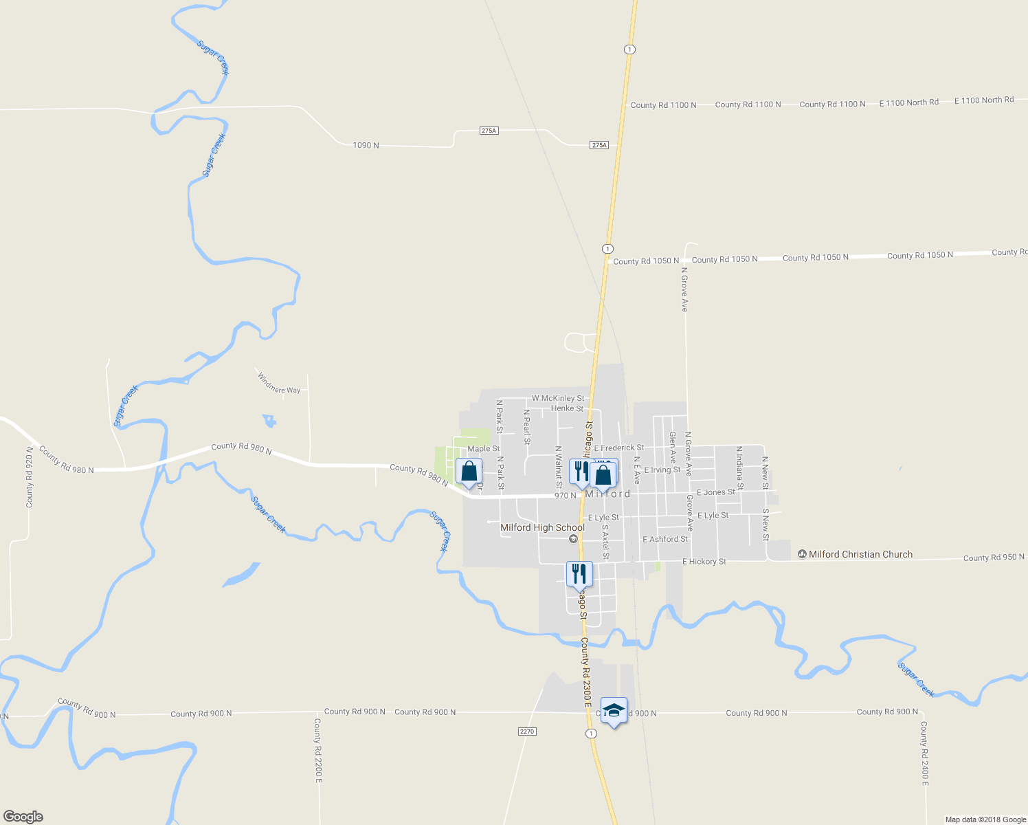 map of restaurants, bars, coffee shops, grocery stores, and more near 124 1/2 North Pearl Street in Milford