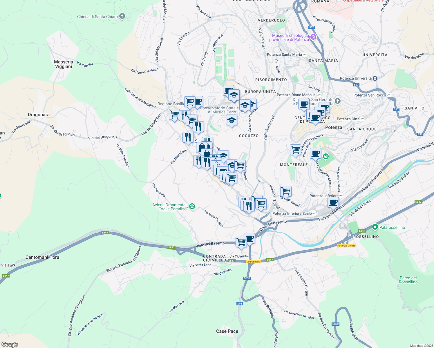 map of restaurants, bars, coffee shops, grocery stores, and more near 93 Via del Gallitello in Potenza