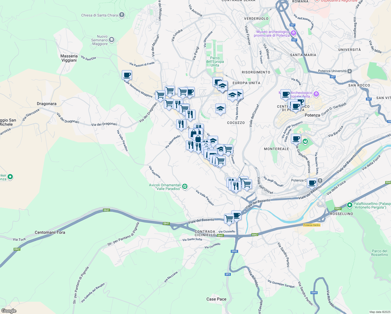 map of restaurants, bars, coffee shops, grocery stores, and more near 96 Via Isca del Pioppo in Potenza