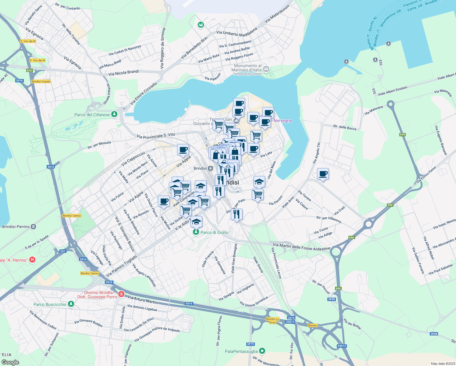 map of restaurants, bars, coffee shops, grocery stores, and more near in Brindisi