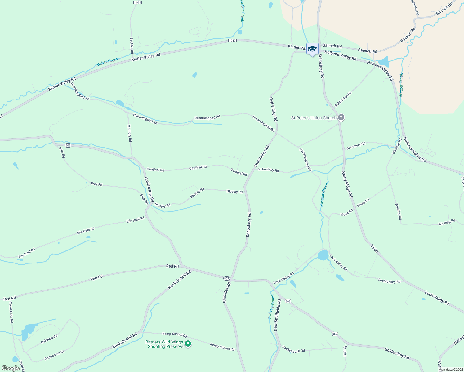 map of restaurants, bars, coffee shops, grocery stores, and more near 8813 Bluejay Road in Kempton