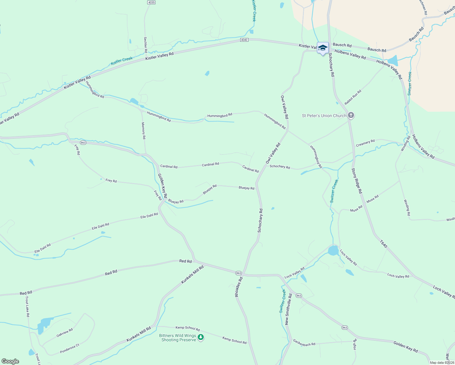 map of restaurants, bars, coffee shops, grocery stores, and more near 8837 Bluejay Road in Kempton