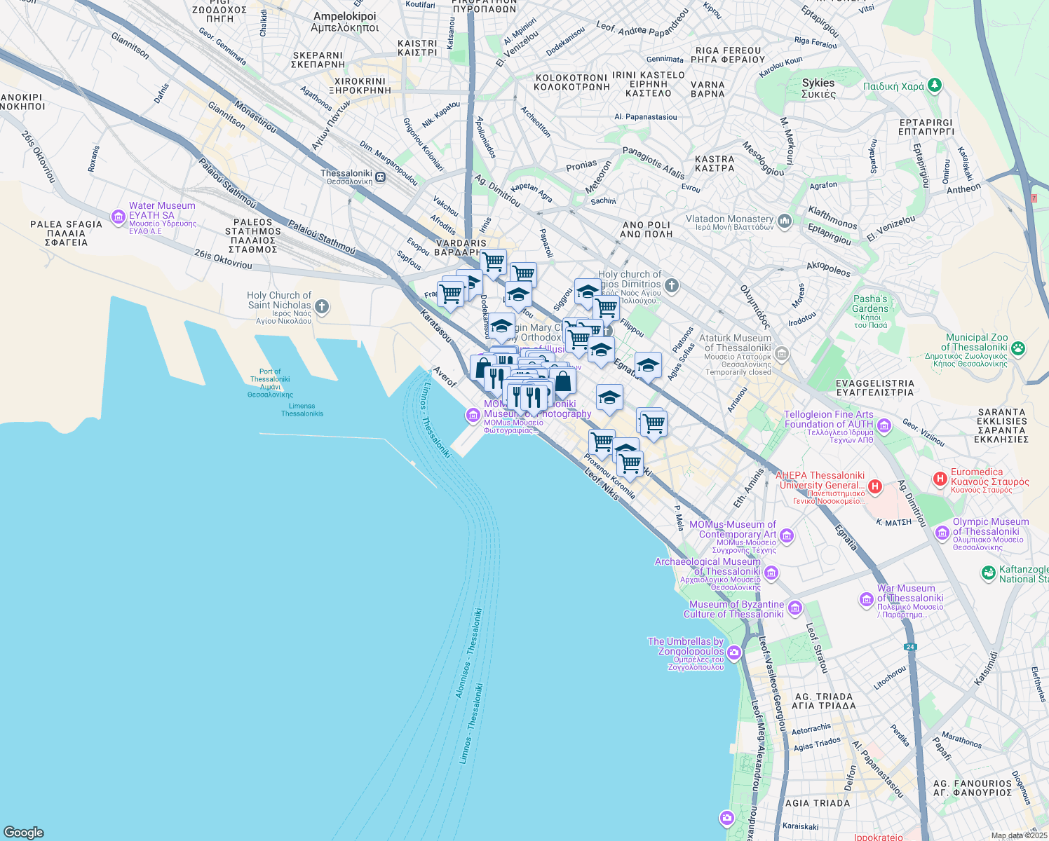map of restaurants, bars, coffee shops, grocery stores, and more near in Thessaloniki