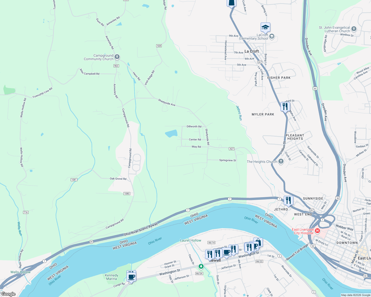 map of restaurants, bars, coffee shops, grocery stores, and more near 1042 Center Road in East Liverpool