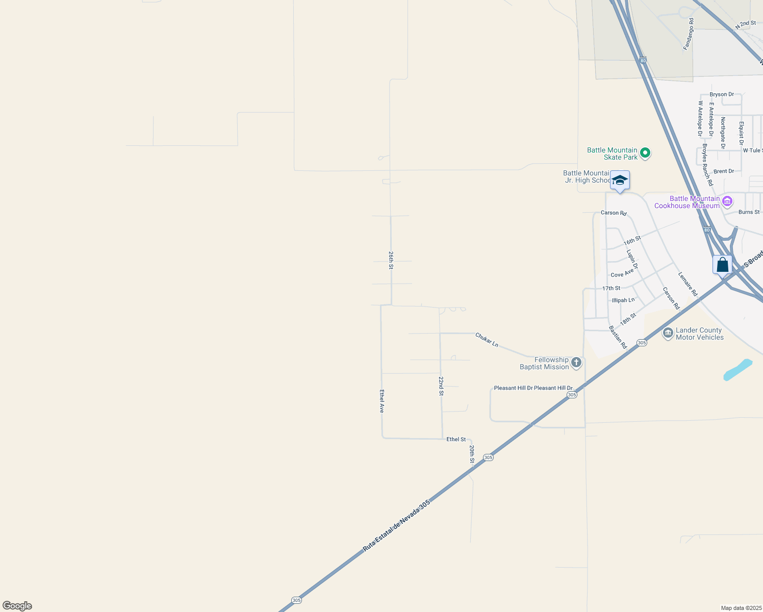 map of restaurants, bars, coffee shops, grocery stores, and more near 498 26th St in Battle Mountain