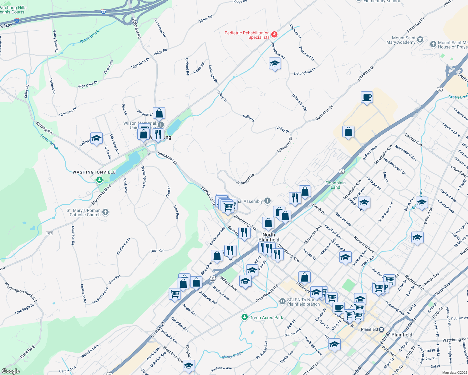map of restaurants, bars, coffee shops, grocery stores, and more near 332 Johnston Drive in Watchung