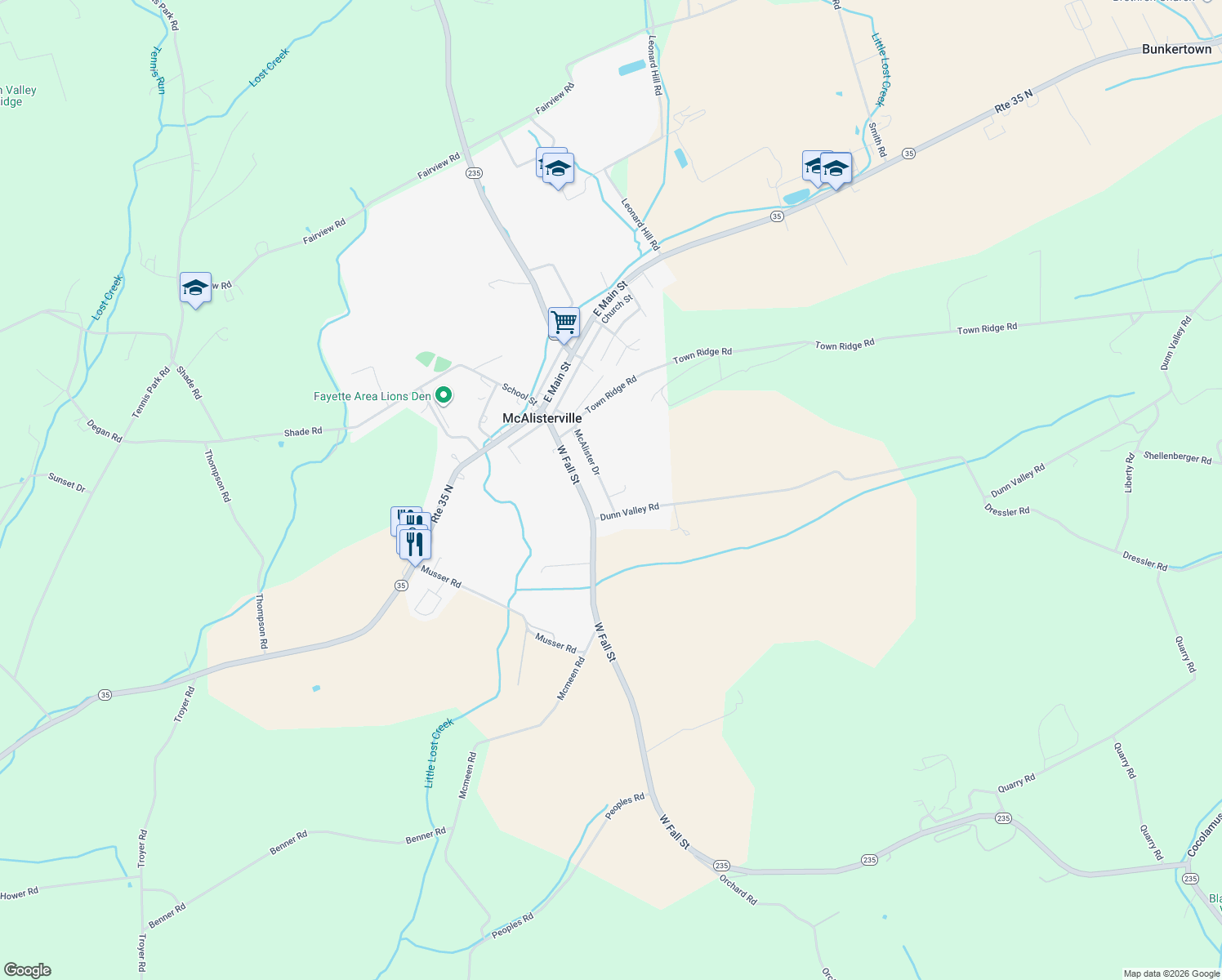 map of restaurants, bars, coffee shops, grocery stores, and more near 17 Getz Dr in McAlisterville