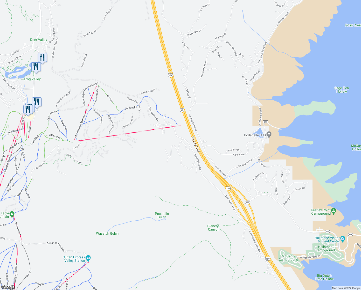 map of restaurants, bars, coffee shops, grocery stores, and more near Deer Hollow Road in Park City