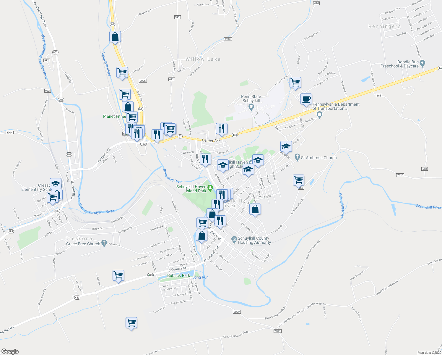 map of restaurants, bars, coffee shops, grocery stores, and more near 119 Haven Street in Schuylkill Haven