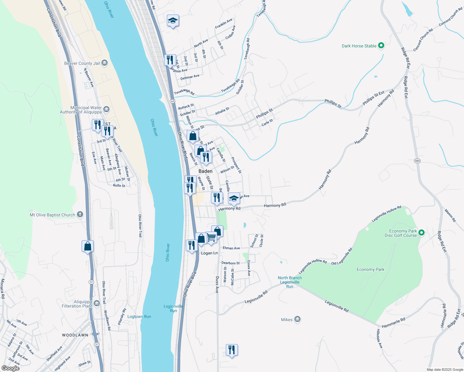 map of restaurants, bars, coffee shops, grocery stores, and more near 614 Steele Street in Baden