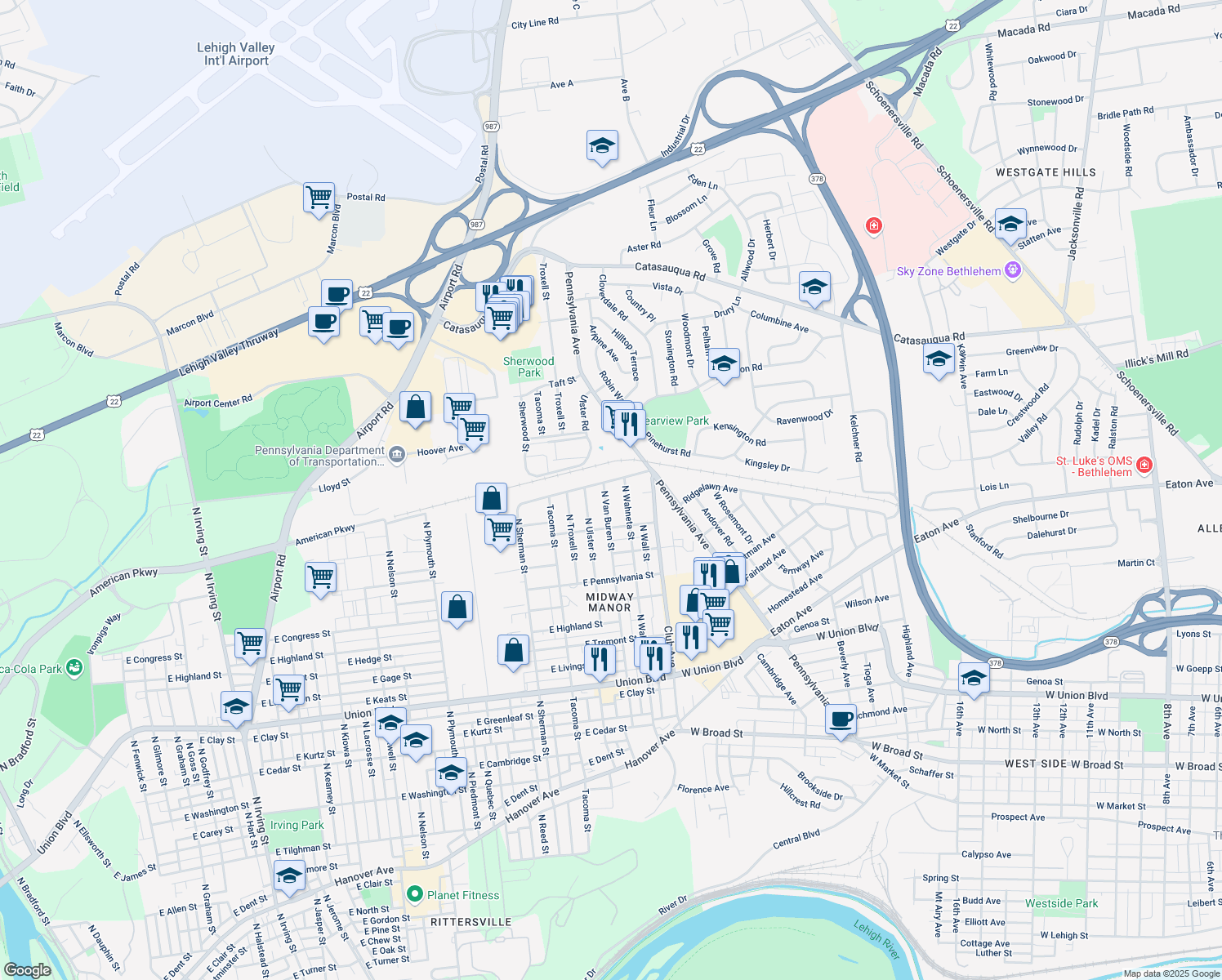 map of restaurants, bars, coffee shops, grocery stores, and more near 1353 N Van Buren St in Allentown