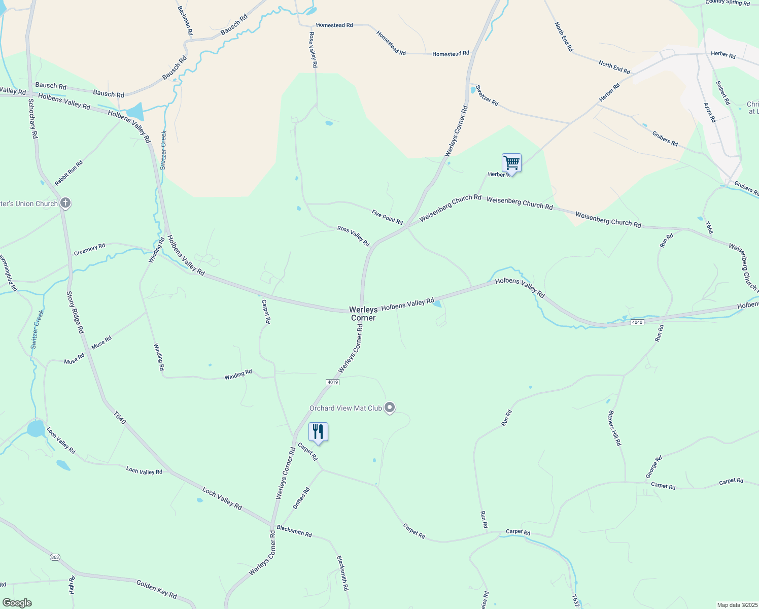 map of restaurants, bars, coffee shops, grocery stores, and more near 8181 Holbens Valley Road in New Tripoli