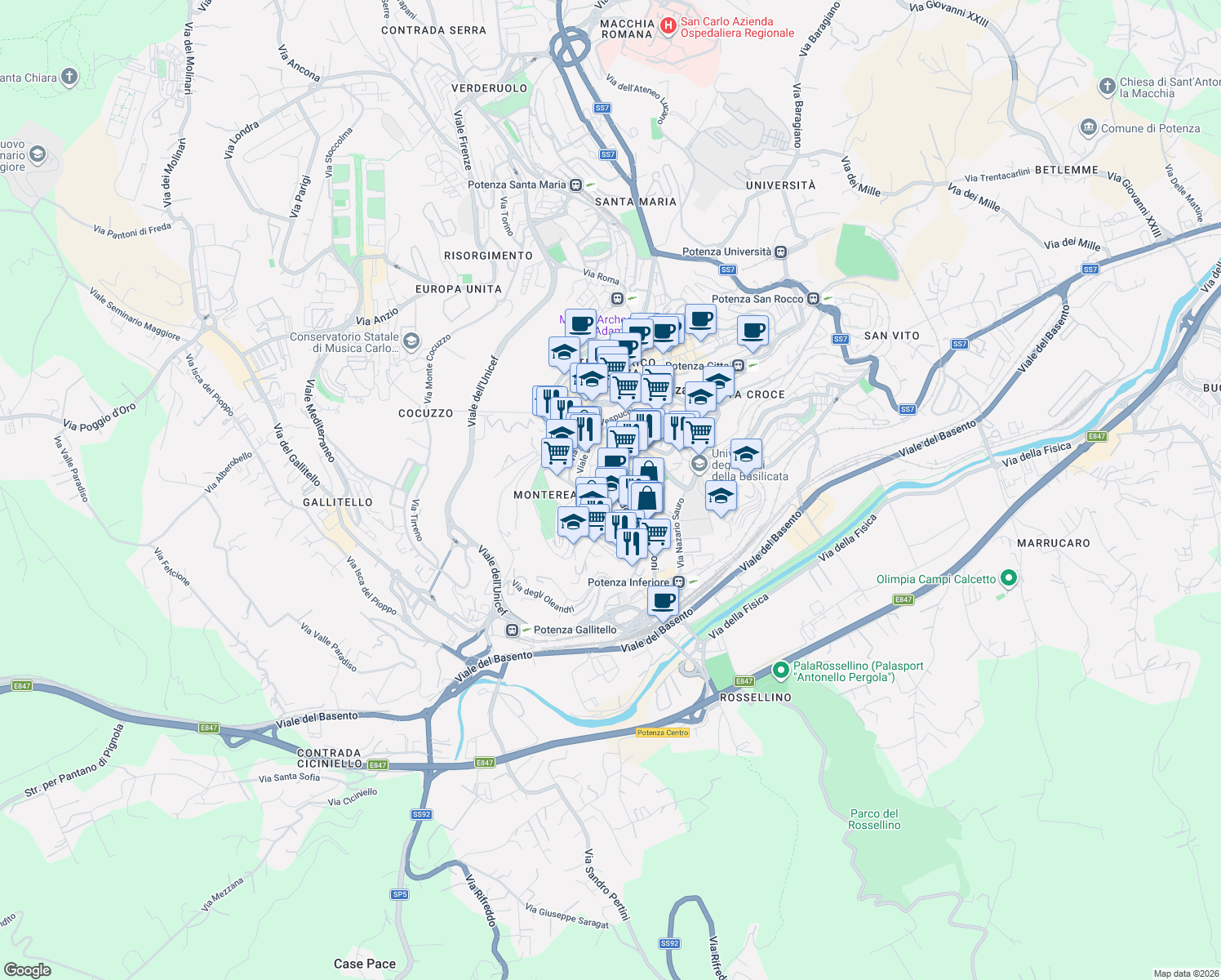 map of restaurants, bars, coffee shops, grocery stores, and more near 112 Viale Dante in Potenza