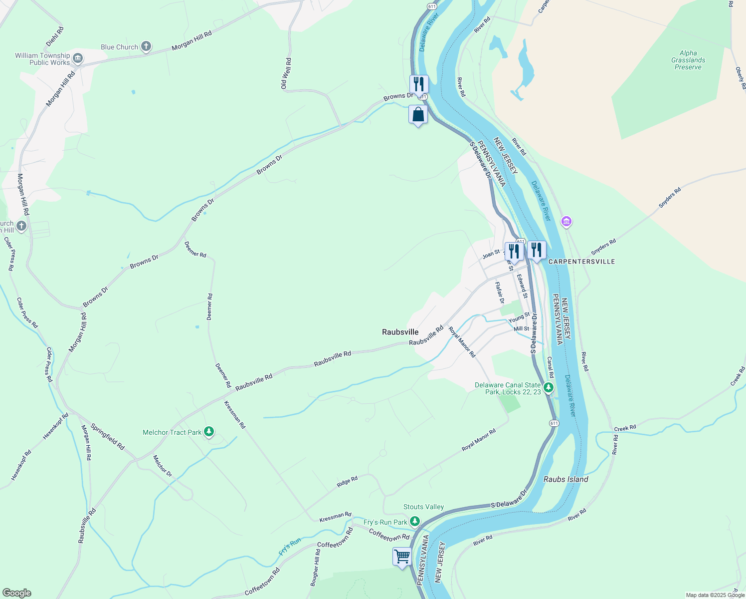 map of restaurants, bars, coffee shops, grocery stores, and more near 270 Raubsville Road in Easton