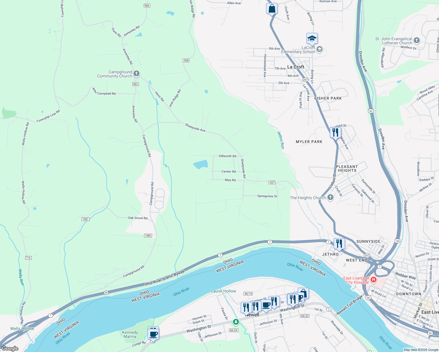 map of restaurants, bars, coffee shops, grocery stores, and more near 1042 Center Road in East Liverpool