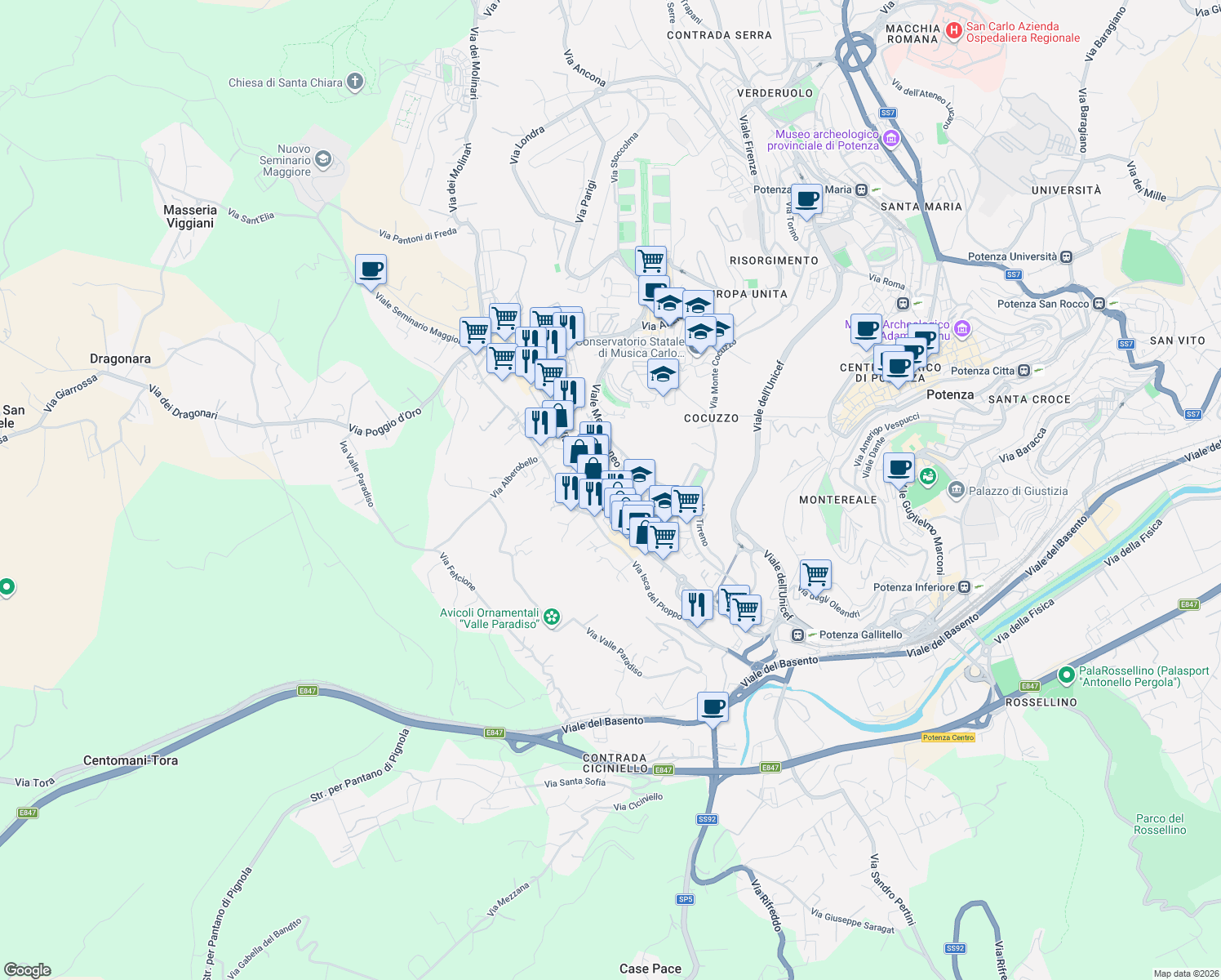 map of restaurants, bars, coffee shops, grocery stores, and more near 55 Via del Gallitello in Potenza