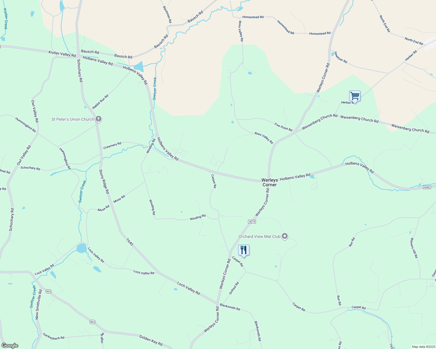 map of restaurants, bars, coffee shops, grocery stores, and more near 8246 Holbens Valley Road in New Tripoli