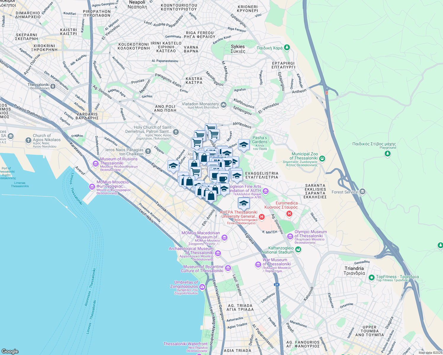 map of restaurants, bars, coffee shops, grocery stores, and more near in Thessaloniki
