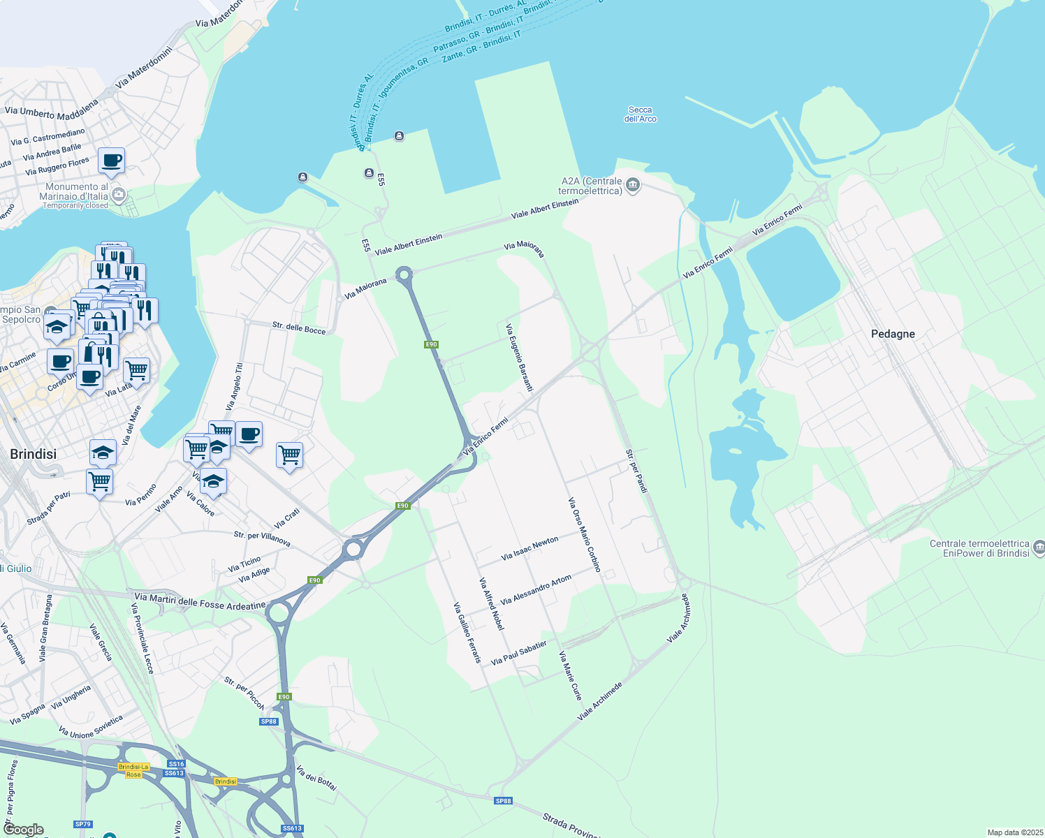 map of restaurants, bars, coffee shops, grocery stores, and more near 25 Via Enrico Fermi in Brindisi