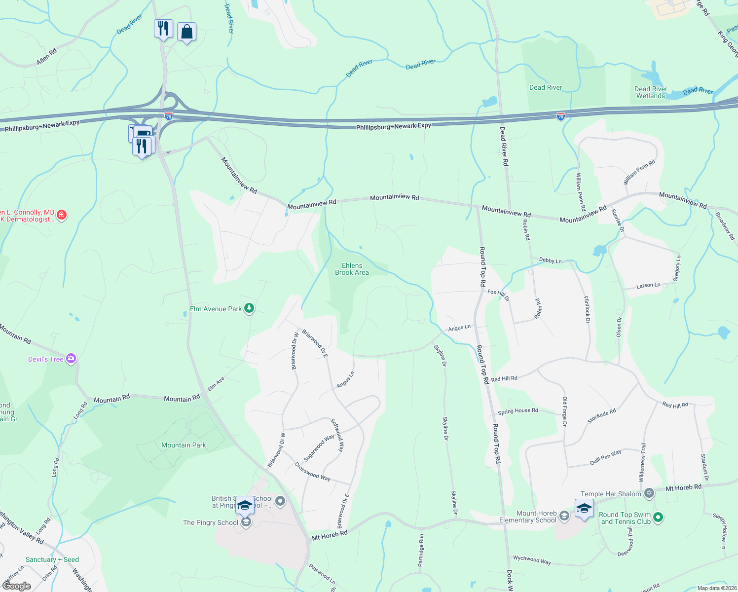 map of restaurants, bars, coffee shops, grocery stores, and more near 17 Nottingham Way in Warren