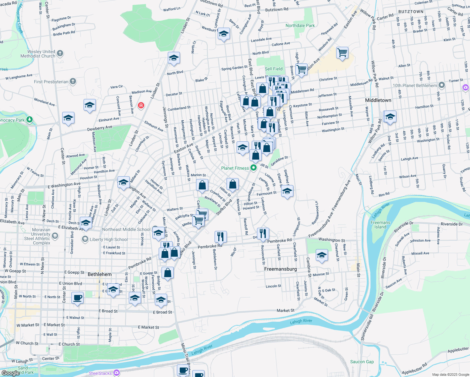 map of restaurants, bars, coffee shops, grocery stores, and more near 1516 Snyder Street in Bethlehem
