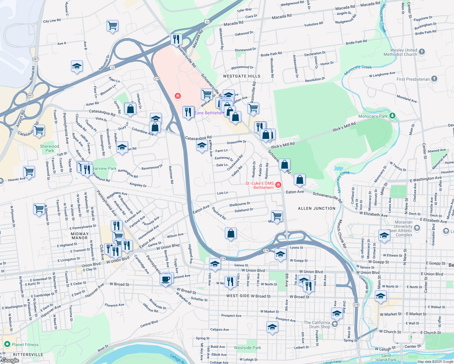 map of restaurants, bars, coffee shops, grocery stores, and more near 1559 Valley Rd in Bethlehem