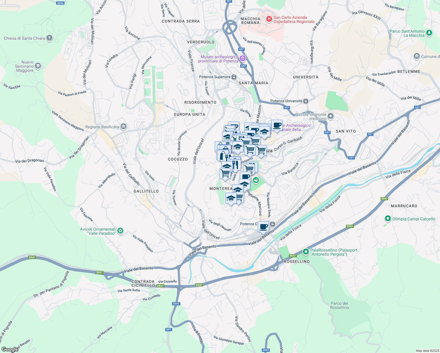 map of restaurants, bars, coffee shops, grocery stores, and more near Via Emanuele Viggiani in Potenza