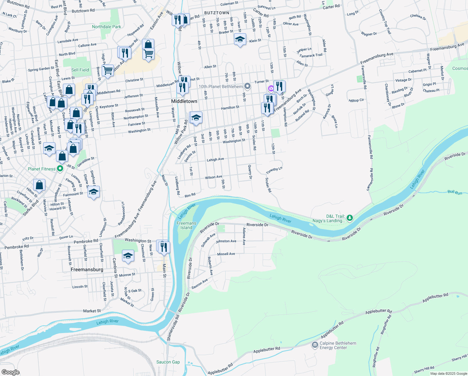 map of restaurants, bars, coffee shops, grocery stores, and more near 1440 6th St in Bethlehem