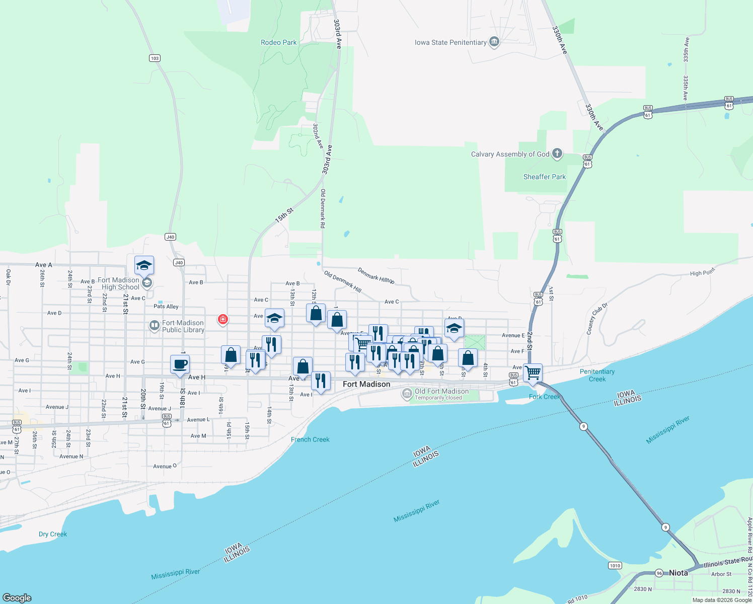 map of restaurants, bars, coffee shops, grocery stores, and more near 898 Ave C in Fort Madison