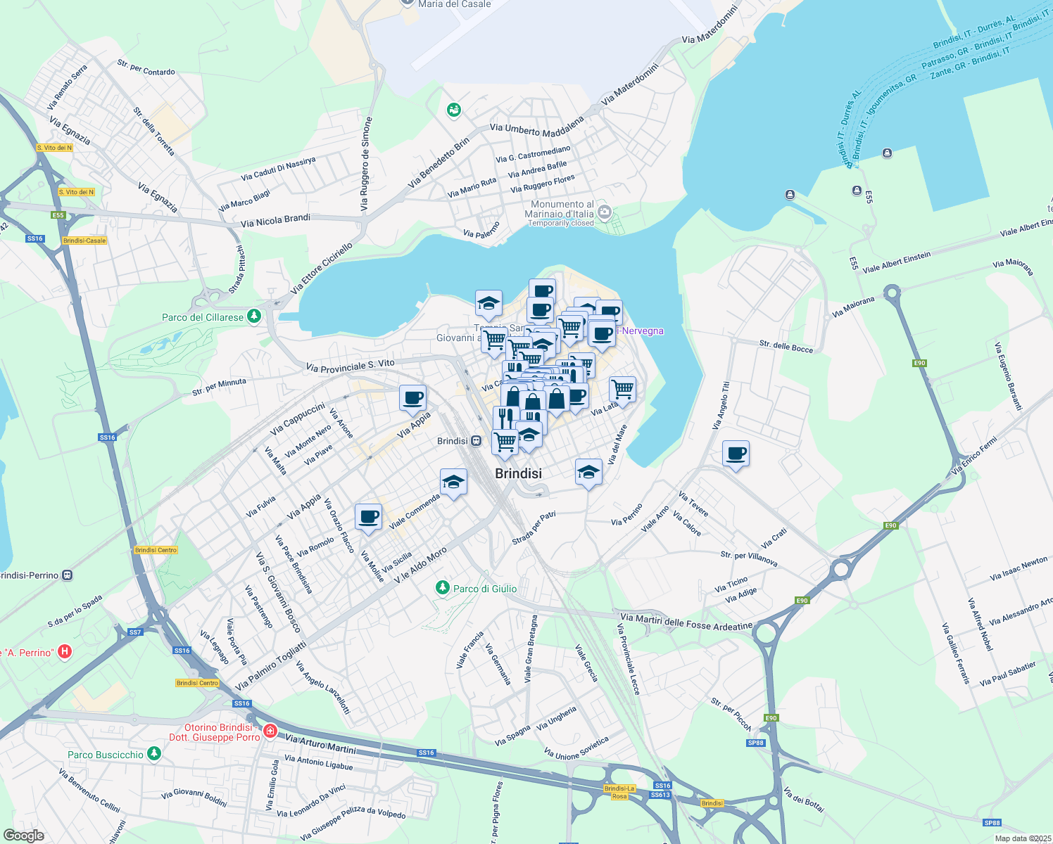 map of restaurants, bars, coffee shops, grocery stores, and more near 28 Piazza Cairoli in Brindisi