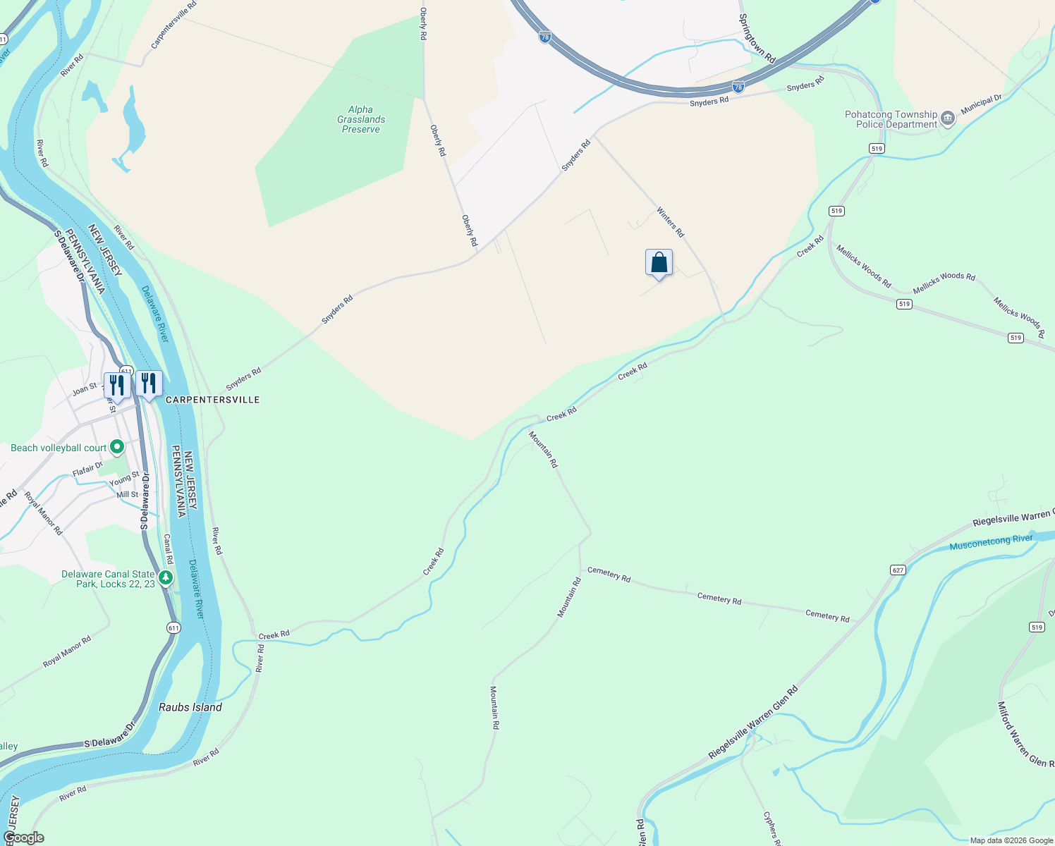 map of restaurants, bars, coffee shops, grocery stores, and more near 117 Creek Road in Phillipsburg