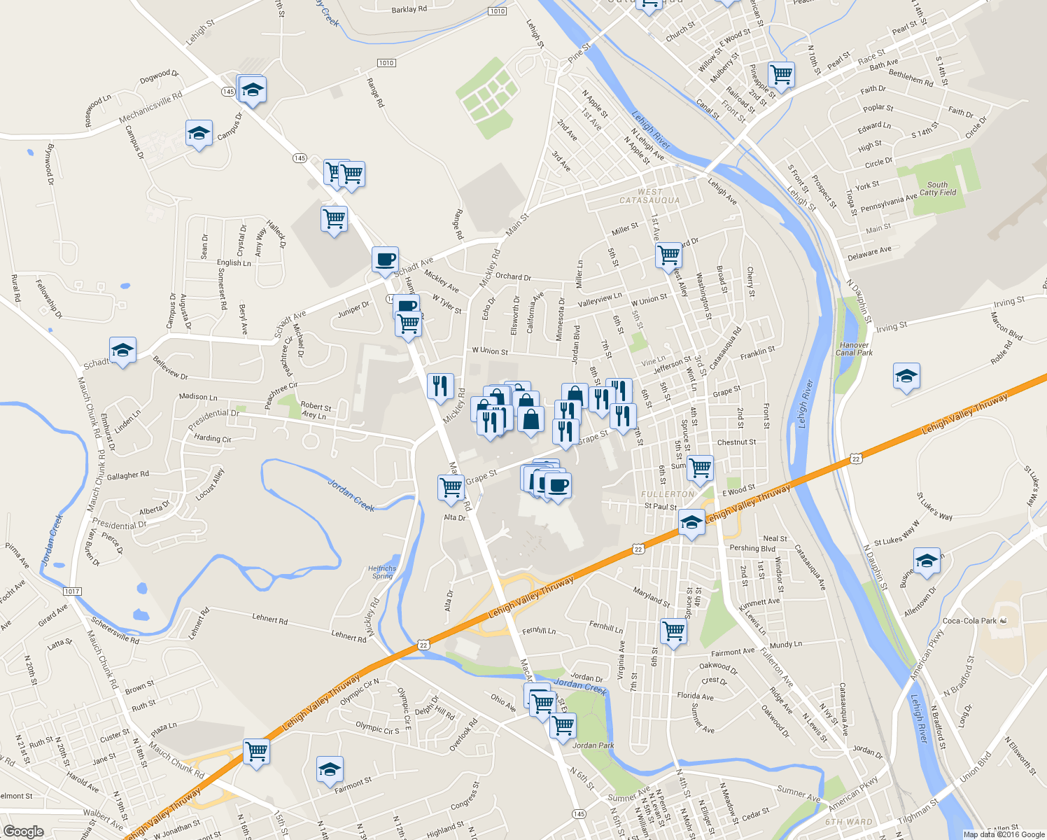 map of restaurants, bars, coffee shops, grocery stores, and more near Whitehall Mall in Whitehall