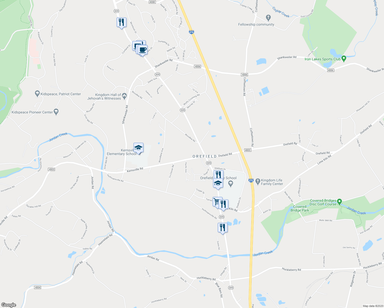 map of restaurants, bars, coffee shops, grocery stores, and more near 4635 Kernsville Road in Lehigh County