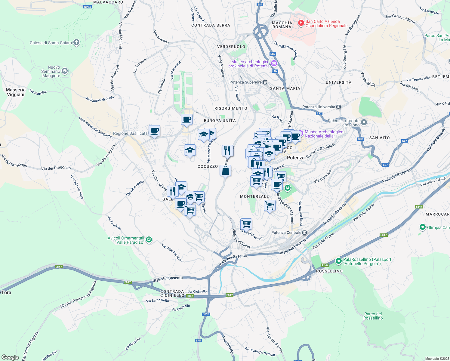 map of restaurants, bars, coffee shops, grocery stores, and more near Via dell'Unicef in Potenza