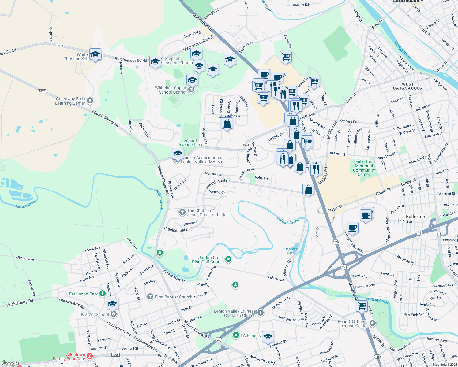 map of restaurants, bars, coffee shops, grocery stores, and more near 13 Lincoln Place in Fullerton