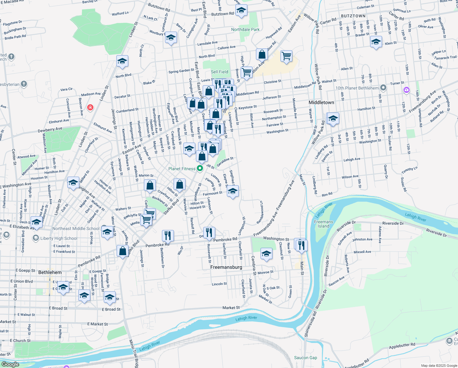 map of restaurants, bars, coffee shops, grocery stores, and more near 1528 Elayne Street in Bethlehem