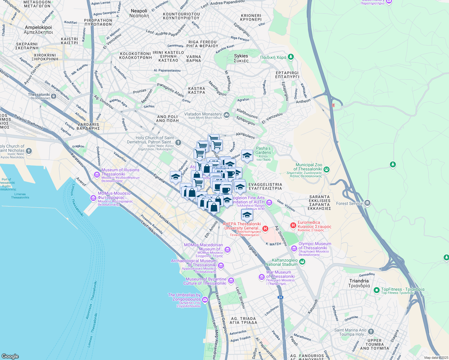 map of restaurants, bars, coffee shops, grocery stores, and more near 17 Apostolou Pavlou in Thessaloniki