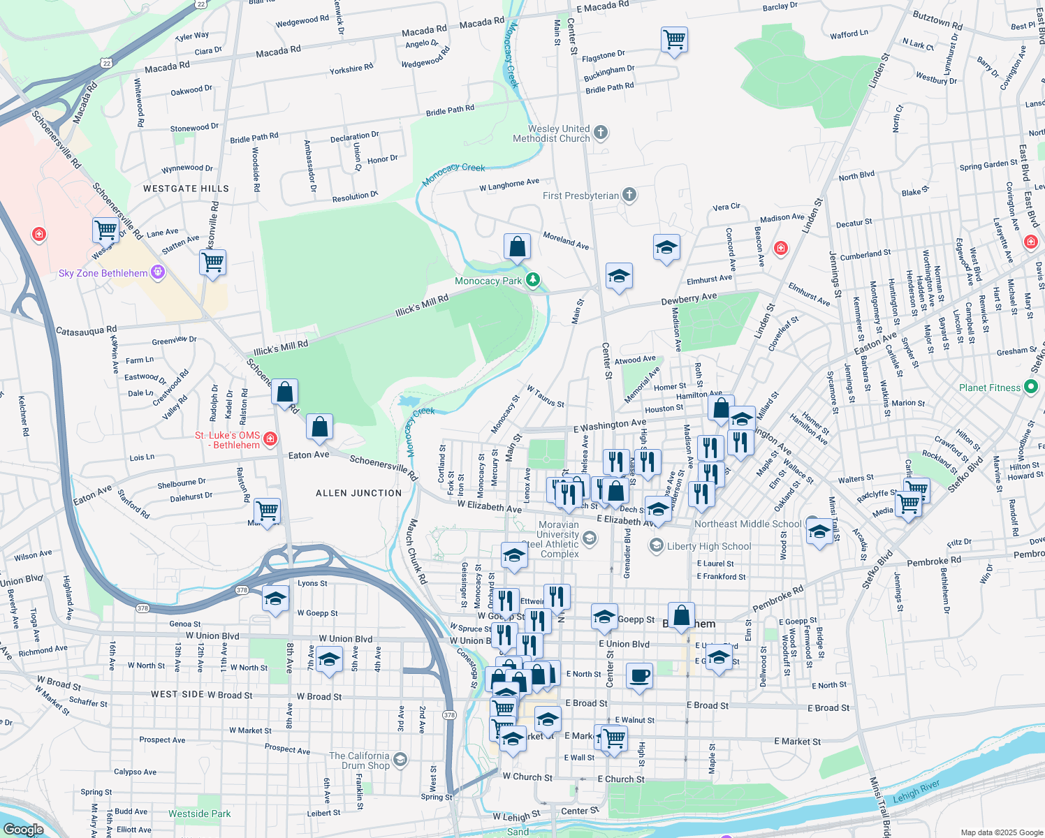 map of restaurants, bars, coffee shops, grocery stores, and more near 1615 Main Street in Bethlehem