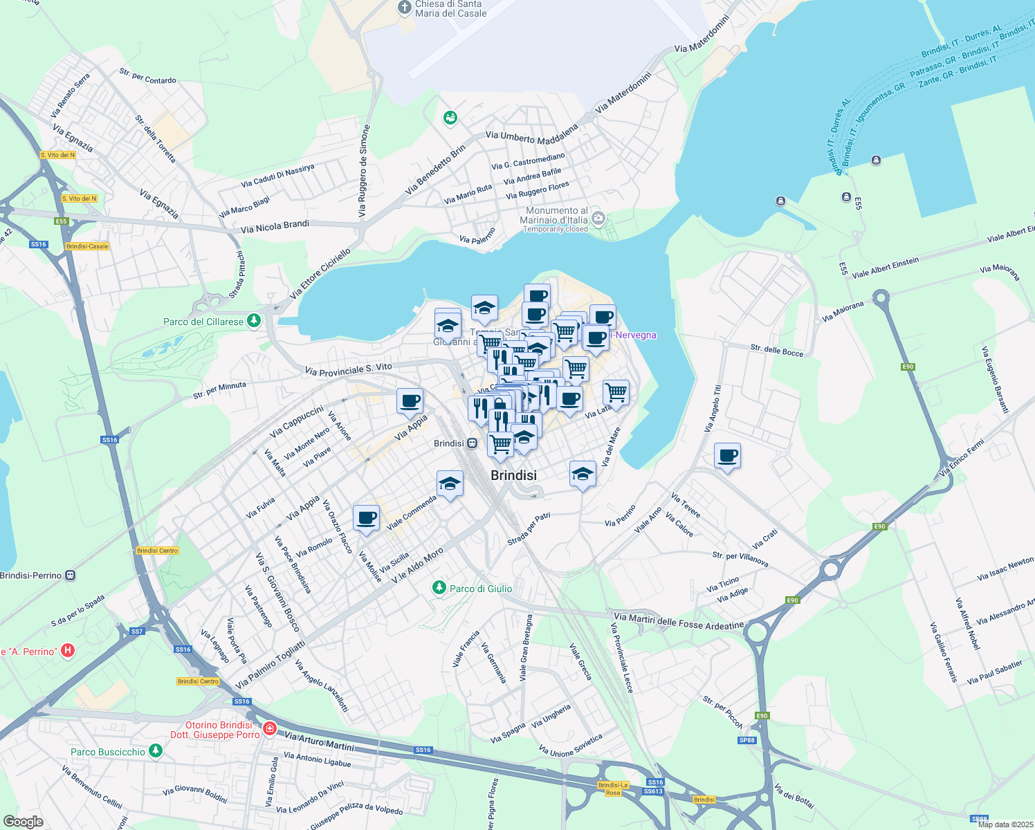 map of restaurants, bars, coffee shops, grocery stores, and more near 28 Piazza Cairoli in Brindisi