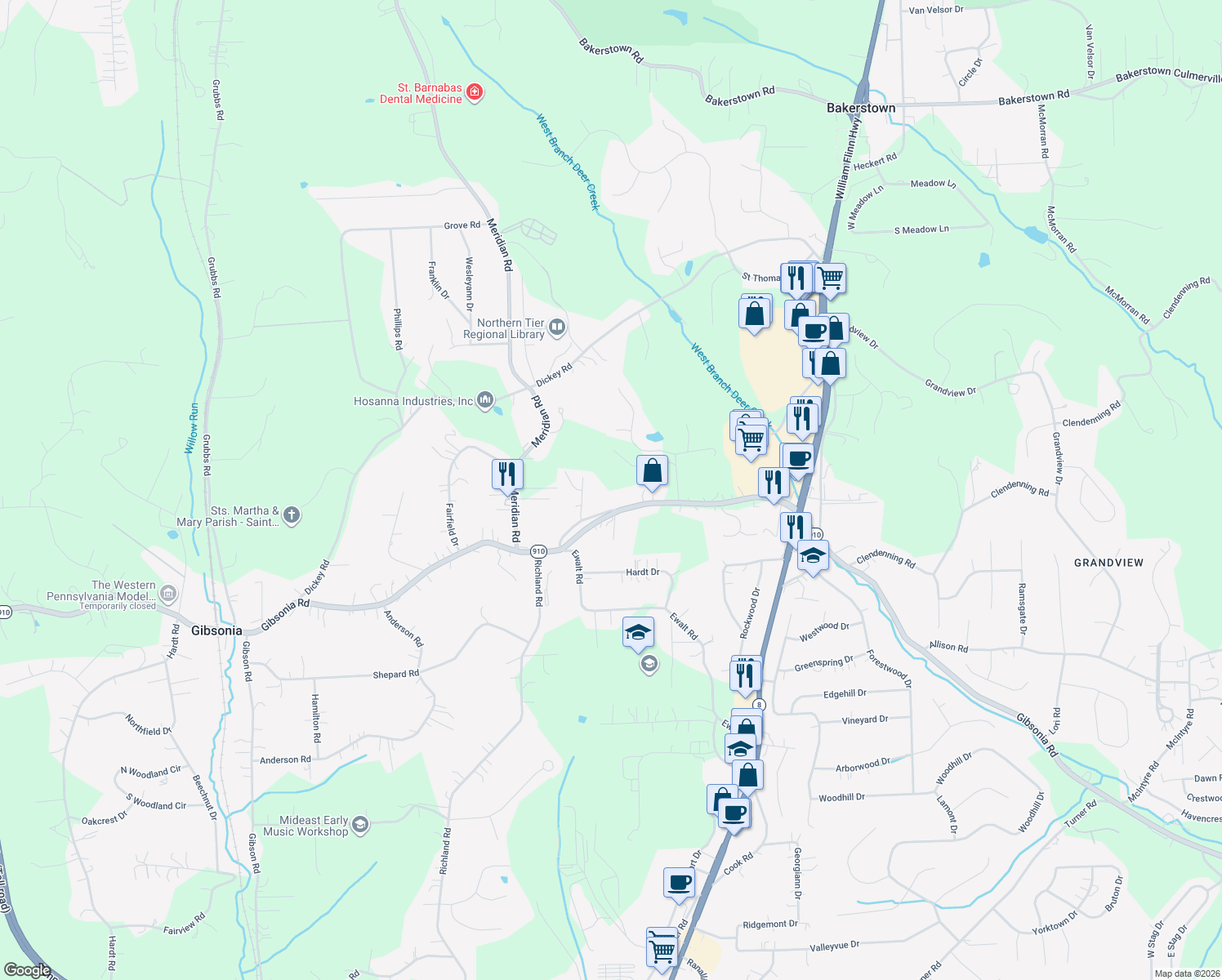 map of restaurants, bars, coffee shops, grocery stores, and more near 4027 Fisher Road in Gibsonia