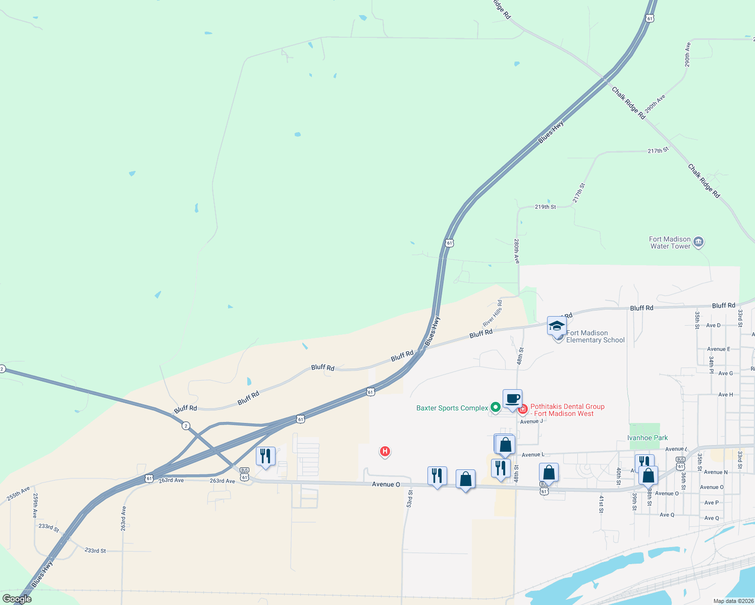 map of restaurants, bars, coffee shops, grocery stores, and more near in Fort Madison
