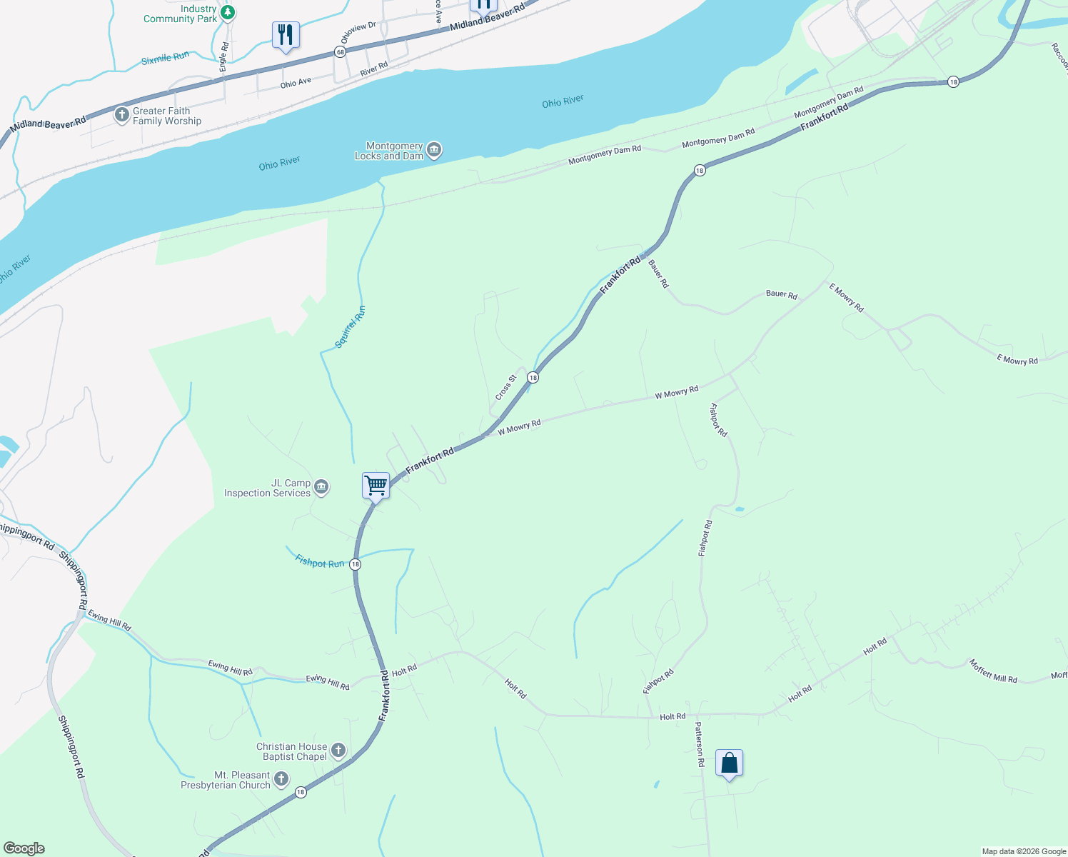 map of restaurants, bars, coffee shops, grocery stores, and more near 115 Mowry Road in Monaca