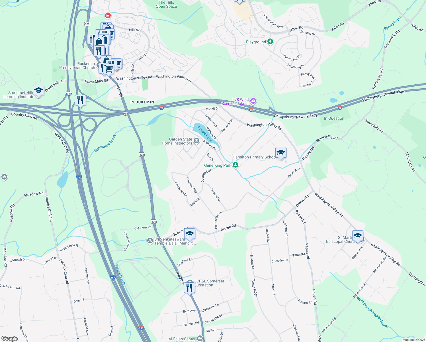 map of restaurants, bars, coffee shops, grocery stores, and more near 1300 Dogwood Drive in Bridgewater Township