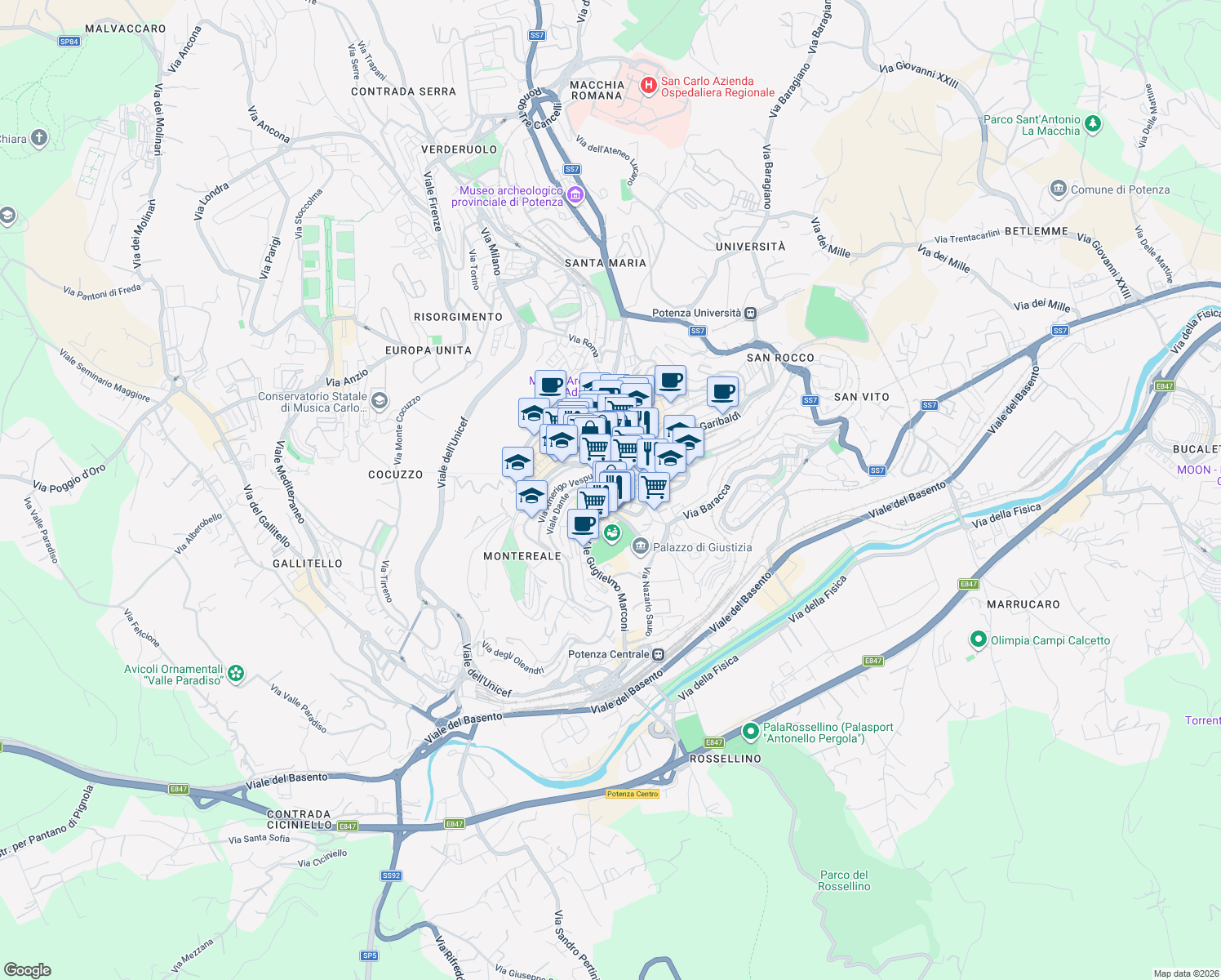 map of restaurants, bars, coffee shops, grocery stores, and more near 8 Viale Dante in Potenza