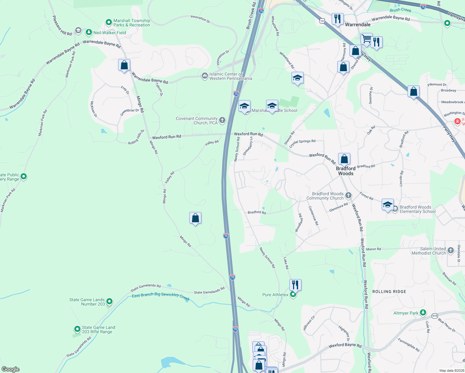map of restaurants, bars, coffee shops, grocery stores, and more near 230 Neely School Road in Wexford