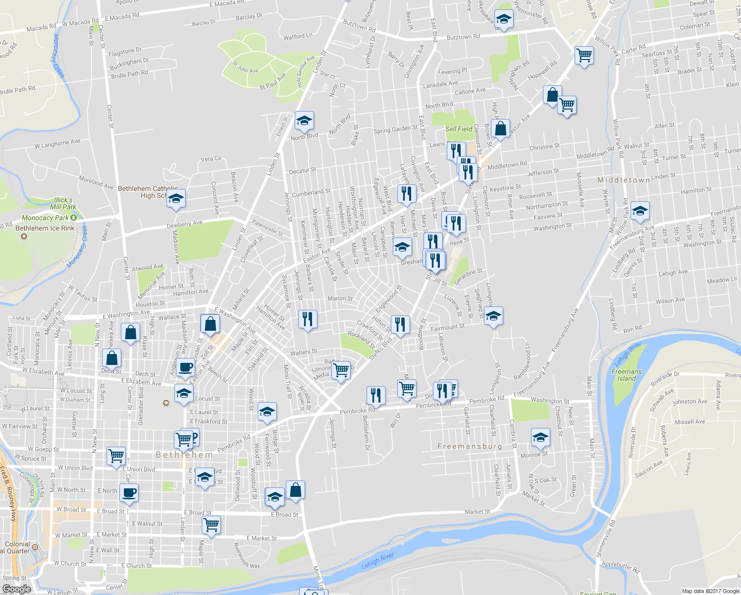 map of restaurants, bars, coffee shops, grocery stores, and more near 1632 Snyder Street in Bethlehem