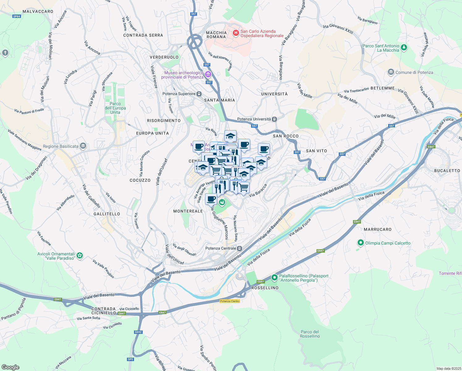 map of restaurants, bars, coffee shops, grocery stores, and more near 9 Via Francesco Petrarca in Potenza