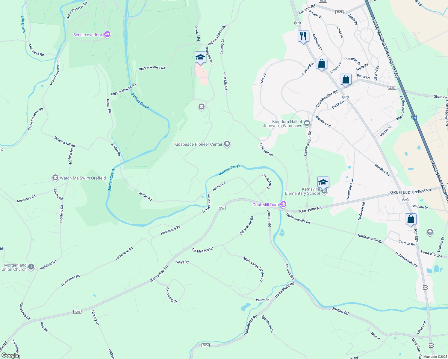 map of restaurants, bars, coffee shops, grocery stores, and more near 3063 Jordan Road in Lehigh County