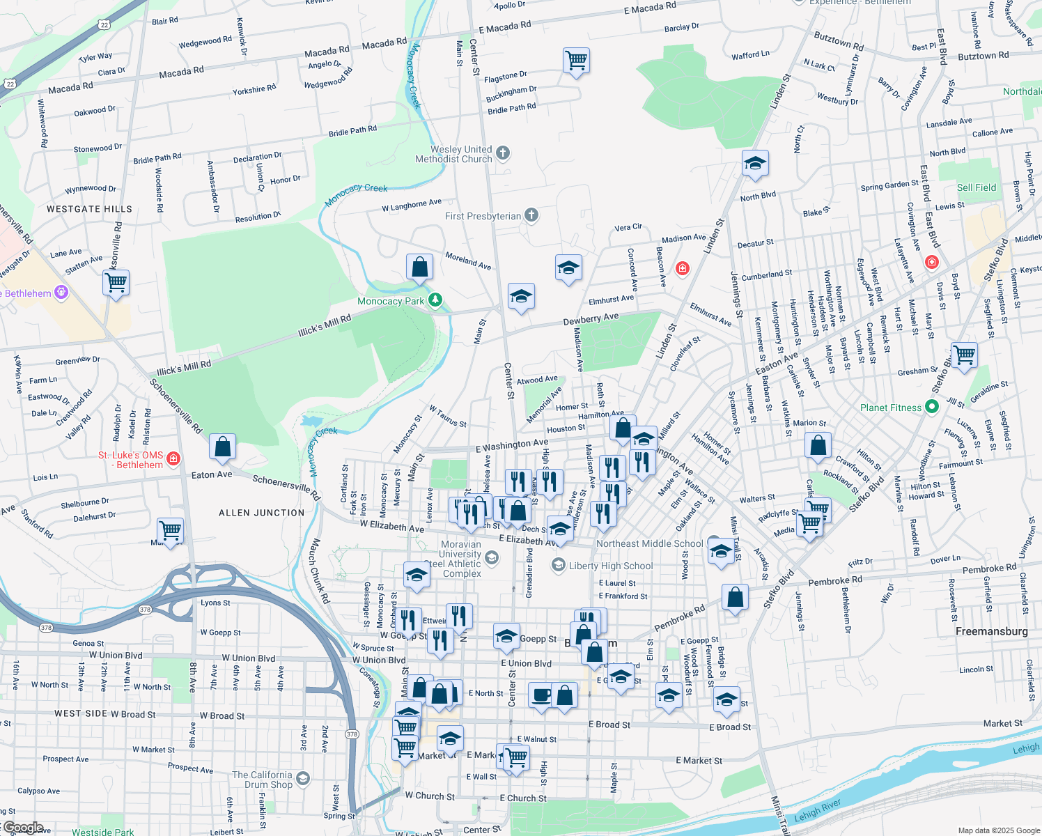 map of restaurants, bars, coffee shops, grocery stores, and more near 1718 Center St in Bethlehem